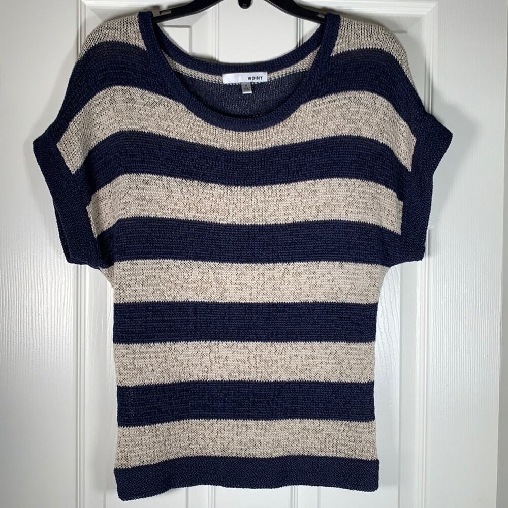 WD.NY sweater sleeveless blue and beige vest scoop neck medium